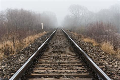 Empty Railroad Track Going Into A Fog Stock Image Image Of Background