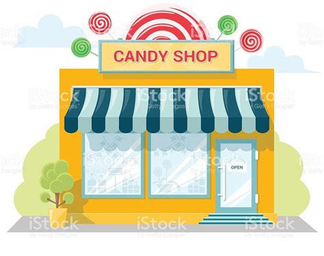 Facade Candy Store With A Signboard Awning And Products In Shop