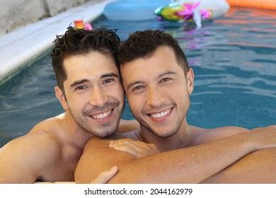 Gorgeous Interracial Gay Couple Swimming Pool Stock Photo 2044162979