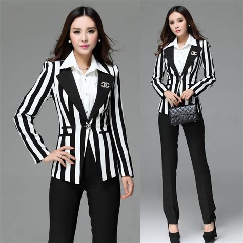 Spring Winter Formal Women Pant Suits Womens Black And White Striped