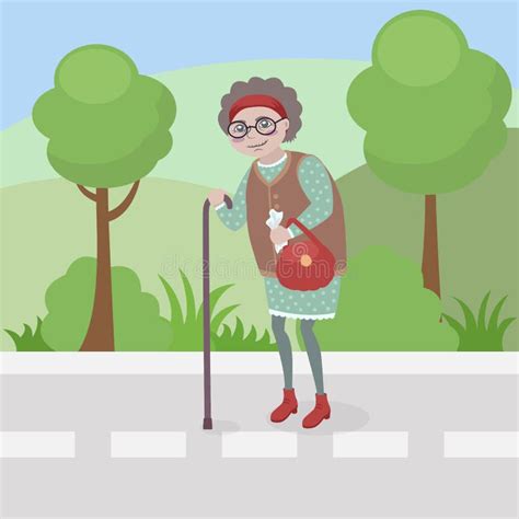 Anciana Caminando Por La Carretera A Lo Largo Del Parque Ilustración