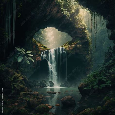 A Waterfall In A Forest With A Cave Entrance And A Waterfall In The
