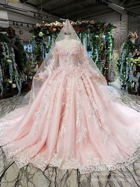 Fairy Pink Feather Princess Dress Long Sleeve Lace Ball Gown Wedding Dress Fd2231 In 2021 Ball