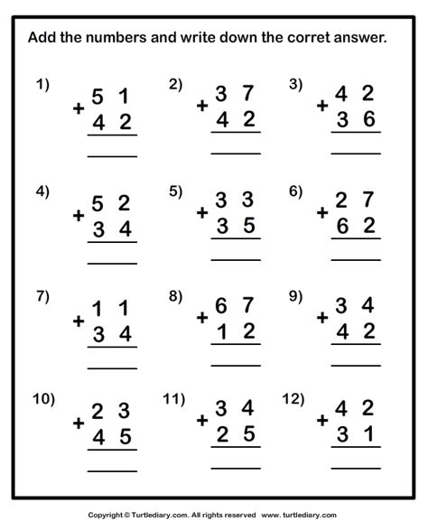 Picture addition worksheets single digit addition worksheets two digit addition worksheets three digit addition worksheets four digit addition ex: Adding Two Numbers up to Two Digits Worksheet - Turtle Diary