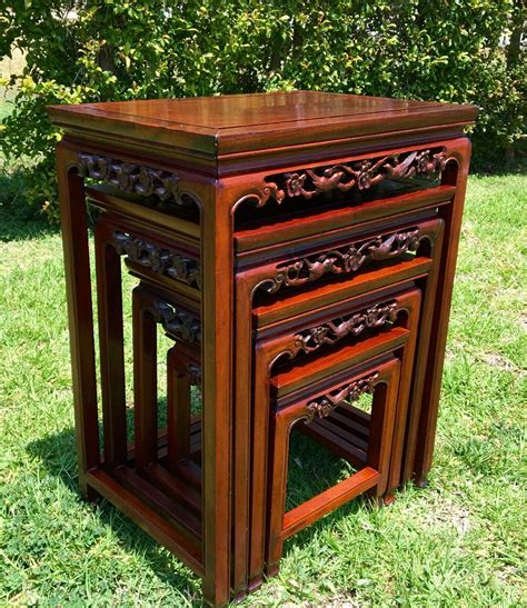 Chinese Rosewood Nesting Tables Vintage Oriental Stacking