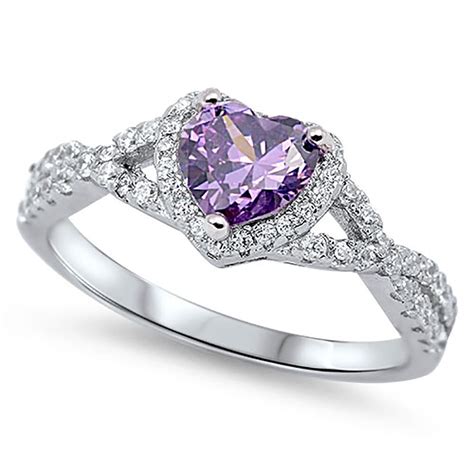 Sterling Silver 925 Cz Infinity Heart Halo Purple Amethyst Promise Ring