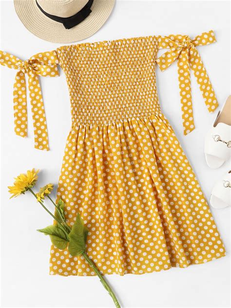 tie detail polka dot shirred dressfor women romwe outfits transition outfits shirred dress