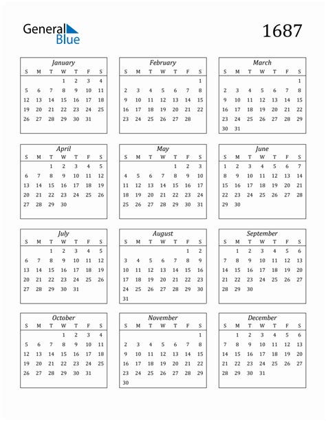 1687 Blank Yearly Calendar Printable