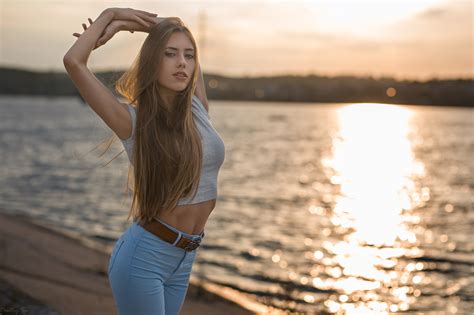 Women Model Dmitry Shulgin Sunlight Arms Up Women Outdoors Long Hair Viktoria Babkina Blue Eyes