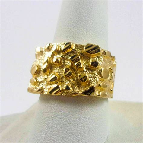 Solid 18k Yellow Gold Mens Nugget Ring Wide Face Mens Diamond Etsy