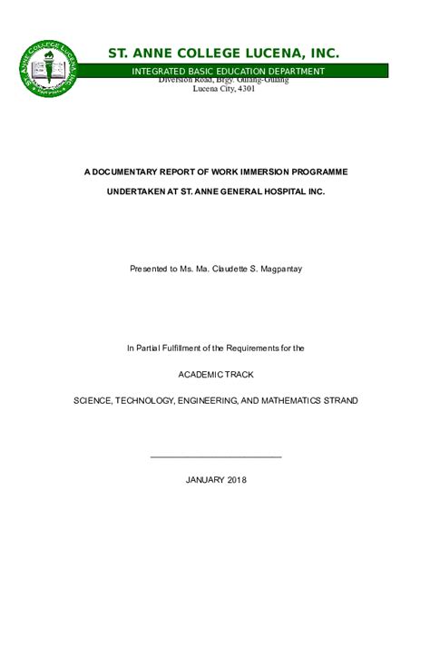 All letter of application samples are generally of the formal type and they follow some predefined format which applies to most types of application letters. Doc A Documentary Report Of Work Immersion Programme ...
