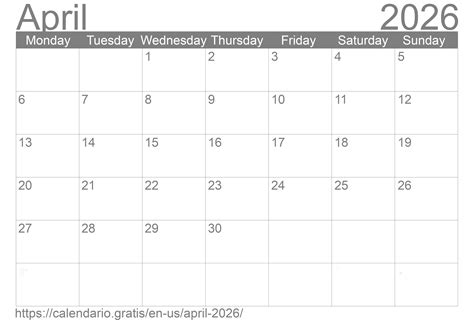 Calendar April 2026 From United States Of America In English ☑️