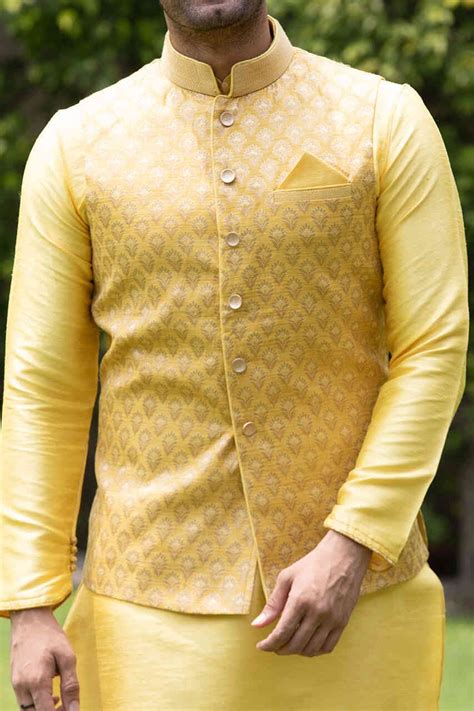 Wear it at wedding ceremonies like cocktail or engagement party and wedding receptions as well. Yellow Kurta Jacket Set with Light Work - Img3 | Fashion ...
