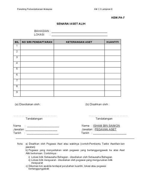 Kew Pa 7 Borang Senarai Aset Alih 2021 Pdf