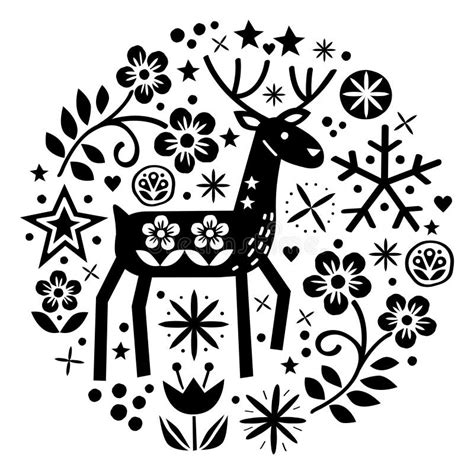 Christmas Vector Round Design With Reindeer Flowers Cute Scandinavian