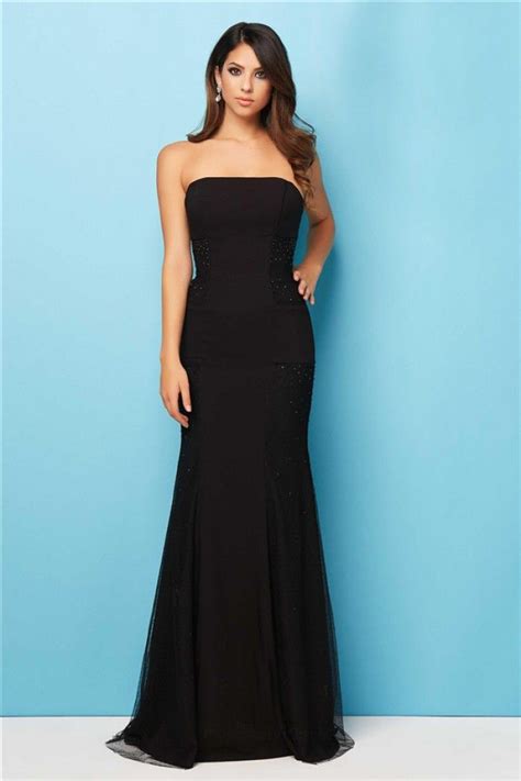 Simple Mermaid Strapless Long Black Chiffon Tulle Beaded Evening Prom Dress