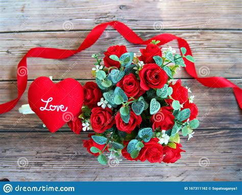 Romantic Red Heart With Love And Ribbon And Roses On Wood Floor Stock
