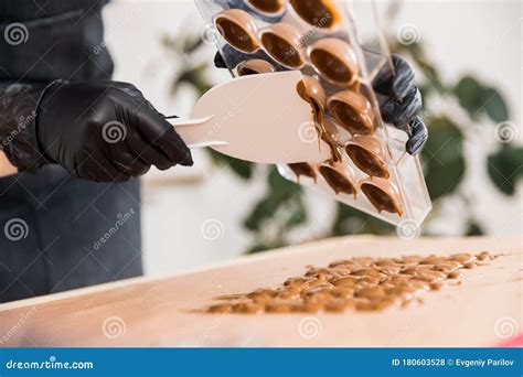 Chef Or Chocolatier Shakes Chocolate Molds For Sweets Stock Photo