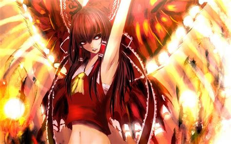 Brunettes Video Games Touhou Wings Fire Long Hair Miko Red