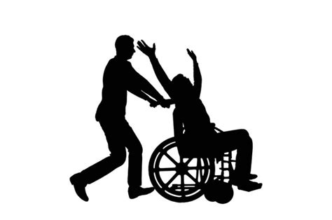 Vector Silhouette Happy Disabled Person In A Wheelchair And Comrade Who