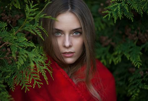 Wallpaper Face Forest Women Model Red Dress Green Maxim