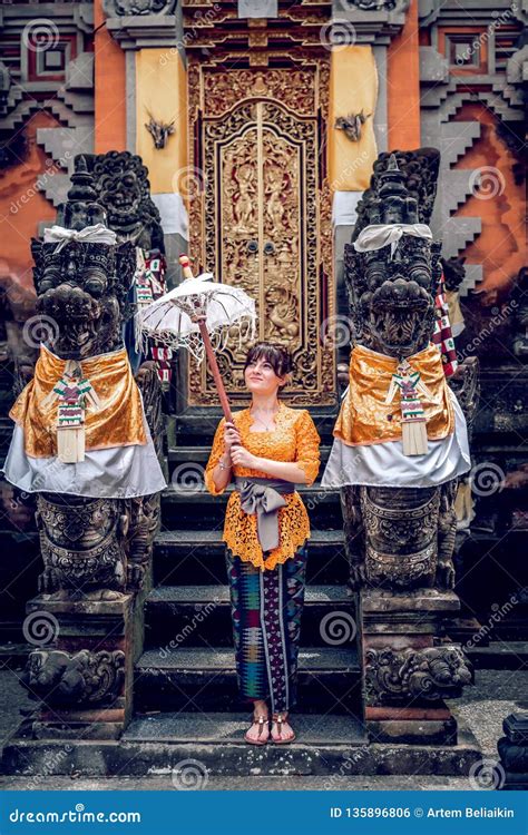 BALI INDONESIA DECEMBER 26 2018 European Woman In Traditional