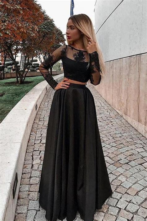 Two Pieces Long Sleeves Lace Black Prom Dresses 2 Piece Black Formal