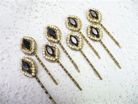 Vintage Bobby Pins Black And Clear Rhinestone Gold Tone
