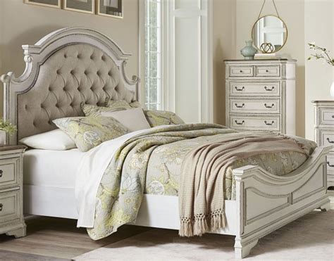 Stevenson Manor Distressed White Upholstered Panel Bedroom Set From