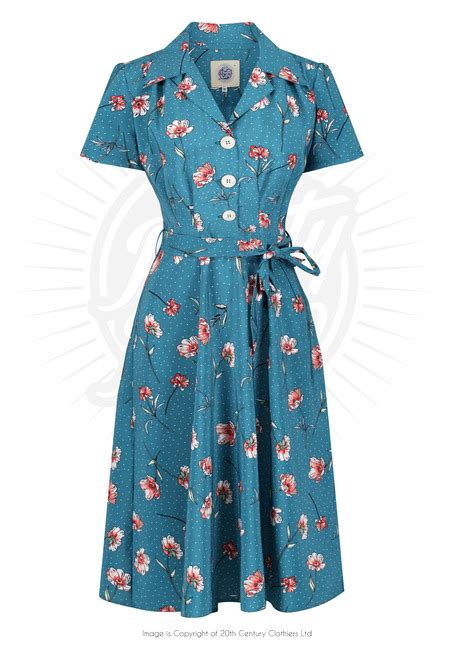 Vintage 40s Style Shirt Dress In Teal Floral Print