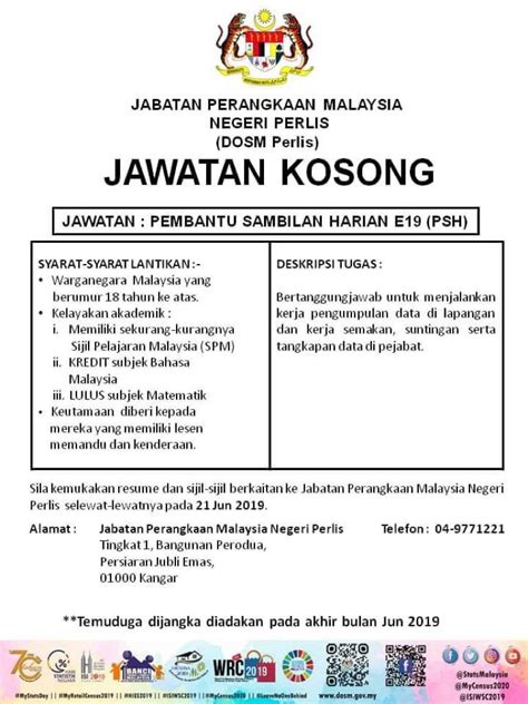 Karnival pekerjaan eis perkeso peringkat negeri sarawak telah diadakan pada 14 disember 2019 di mydin hypermarket. Jawatan Kosong Jabatan Perangkaan Malaysia Negeri Perlis