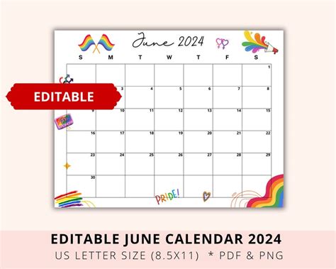 Editable June Calendar Pride Month Lgbt Proud Academic