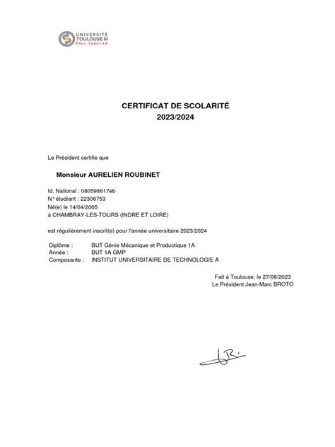 Certificat De Scolarité B1ptze 2023 2024 Aurelien Roubinet Pdf