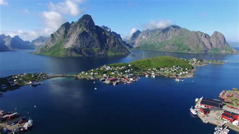 Slow Flight Above Fishing Town Reine On Lofoten Islands In Norway