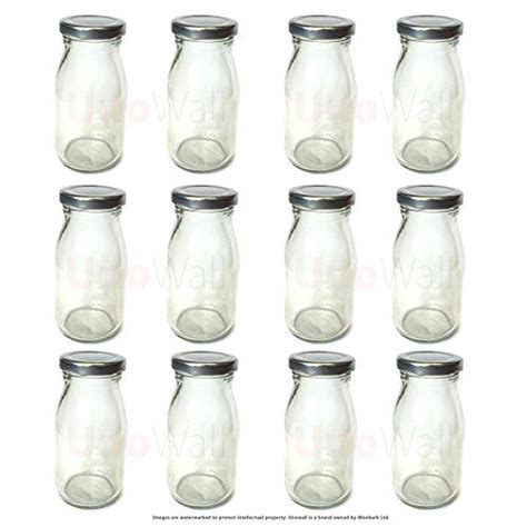 Set Of 12 Classic Mini Glass Milk Bottles With Silver Lid