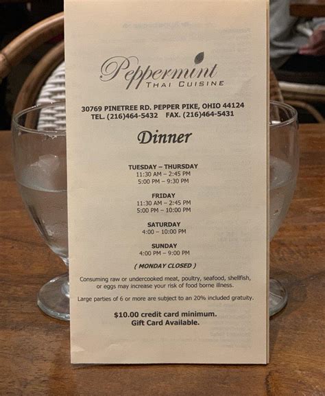 menu at peppermint thai cuisine restaurant pepper pike