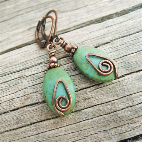 Copper And Turquoise Magnesite Oval Bead Dangle Earrings With Hammered