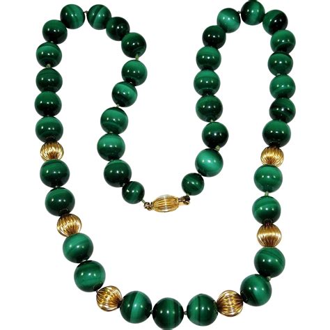 Vintage 14k Gold Malachite Bead Necklace Fluted Spacers Beaded