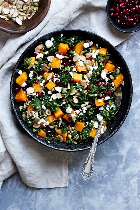 Butternut Squash And Kale Salad With Pomegranate Goat Cheese And Almonds