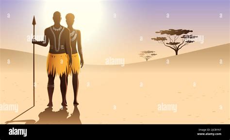 hombre y mujer aborígenes africanos con arte corporal tradicional y vestido étnico de pie sobre
