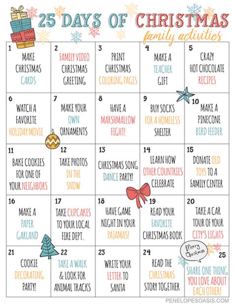 25 Days Of Christmas Advent Activities Calendar Printable Penelopes Oasis
