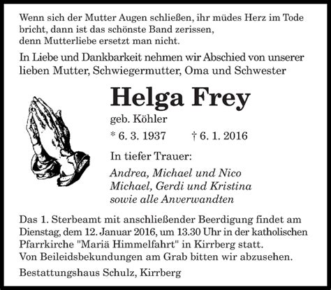 Traueranzeigen Von Helga Frey Saarbruecker Zeitung Trauer De