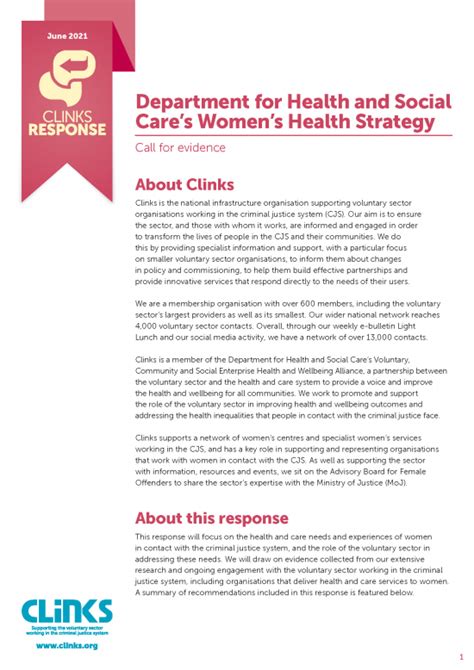 Clinks Response Department For Health And Social Cares Womens Health