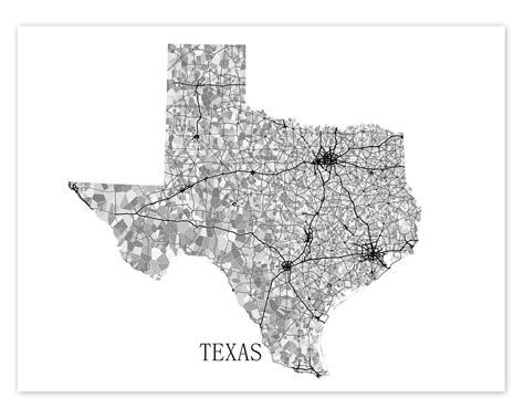 Texas Map Print Map Of Texas State Map Art Prints Black And White Tx — Maps As Art