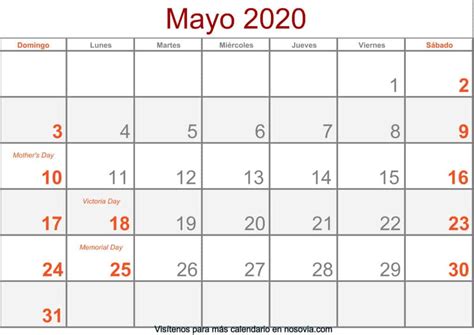 Calendario Mayo 2020 Con Festivos Imprimir Gratis
