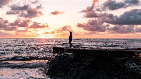 Download Wallpaper 2560x1440 Man Silhouette Alone Rock Sea Sunset