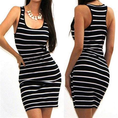 Enbeautter Mini Dress Club O Neck Sleeveless Striped Package Hip Dress Elegant Short Dress Beach