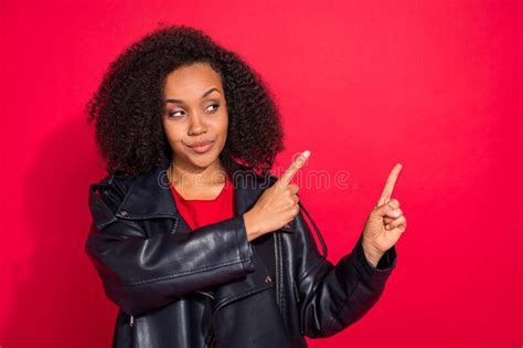Portrait Of Pretty Young Lady Look Interested Indicate Fingers Empty