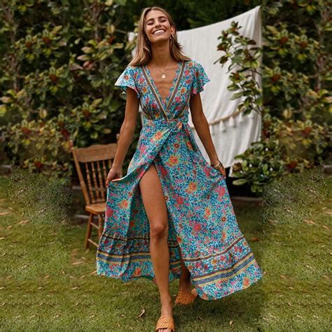 deep v neck summer maxi women 2019 floral print elegant bandage dress ruffle long boho dresses