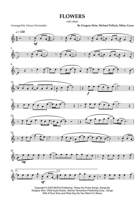 Flowers Arr Glauco Fernandes Sheet Music Miley Cyrus Oboe Solo